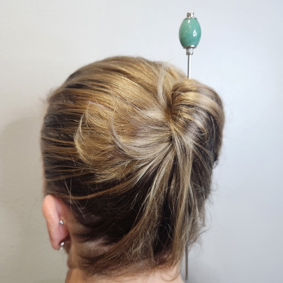 Jumbo Green Agate Natural Gemstone Crown Oval Stainless Steel Hair Stick - Picture 6 of 6